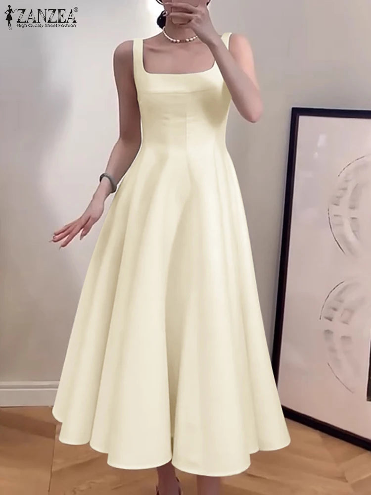 ZANZEA Women Sleeveless Tank Dress Vintage Solid A-line Dresses 2024