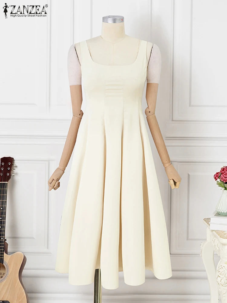 ZANZEA Women Sleeveless Tank Dress Vintage Solid A-line Dresses 2024