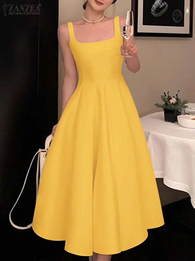ZANZEA Women Sleeveless Tank Dress Vintage Solid A-line Dresses 2024