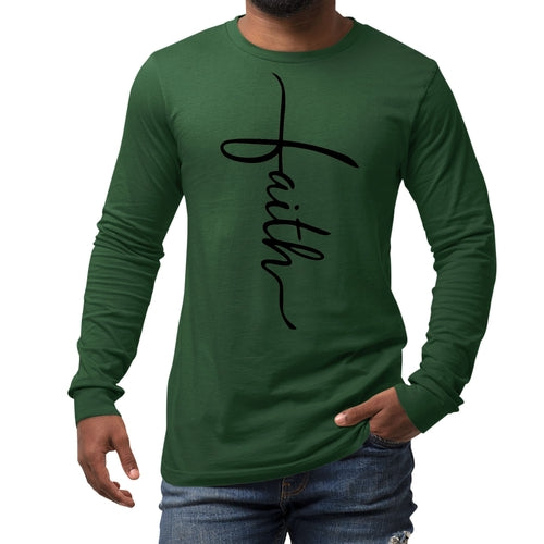 Mens Long Sleeve Graphic T-shirt Faith Script Cross Black Illustration
