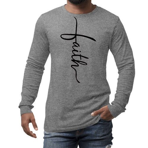 Mens Long Sleeve Graphic T-shirt Faith Script Cross Black Illustration