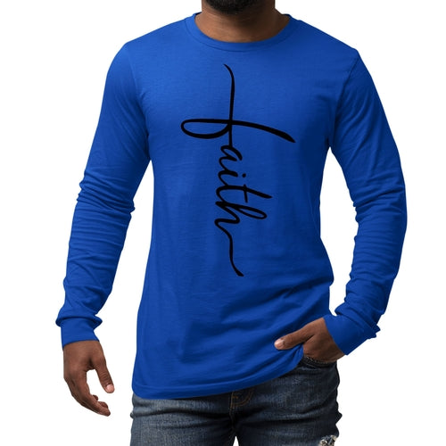 Mens Long Sleeve Graphic T-shirt Faith Script Cross Black Illustration
