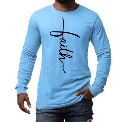 Mens Long Sleeve Graphic T-shirt Faith Script Cross Black Illustration