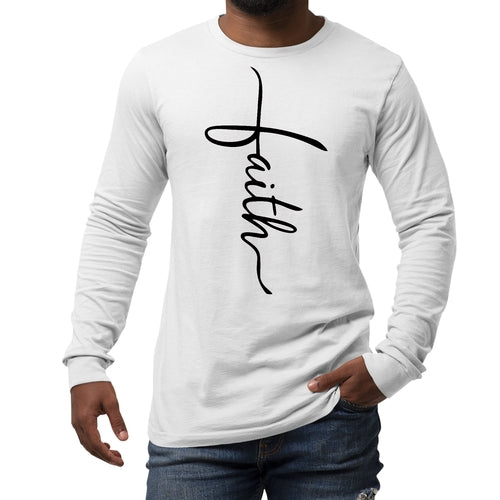 Mens Long Sleeve Graphic T-shirt Faith Script Cross Black Illustration