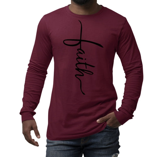 Mens Long Sleeve Graphic T-shirt Faith Script Cross Black Illustration