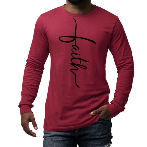 Mens Long Sleeve Graphic T-shirt Faith Script Cross Black Illustration