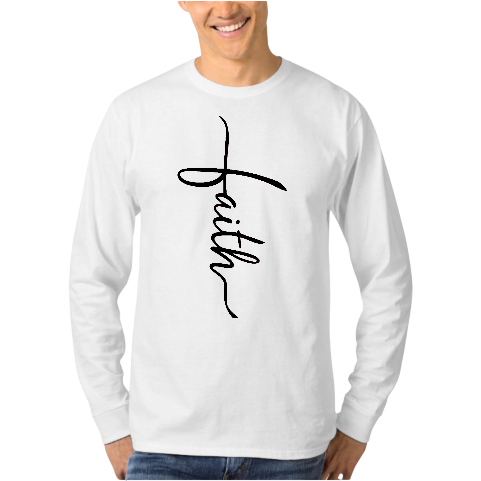 Mens Long Sleeve Graphic T-shirt Faith Script Cross Black Illustration